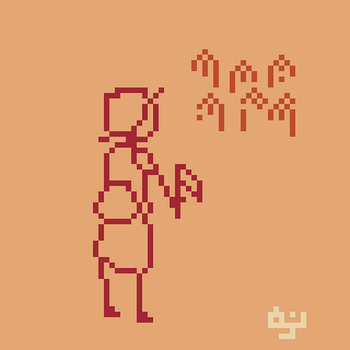 Pixel art of a woman in traditional Japanese farm work clothes from old times, holding rice ears.