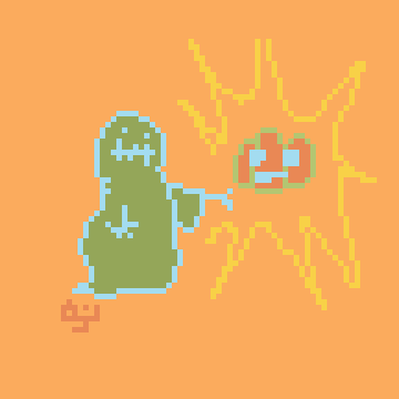 A pixel art illustration of a ghost presenting a jack-o’-lantern.