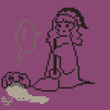 Pixel art of a witch accidentally flipping over the jack-o’-lantern she made.