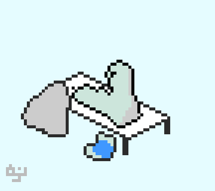 Pixel art of a ghost waking up while still in costume after sleeping.