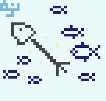 Pixel art of a big fish reduced to bones, surrounded by small fish eating its flesh.