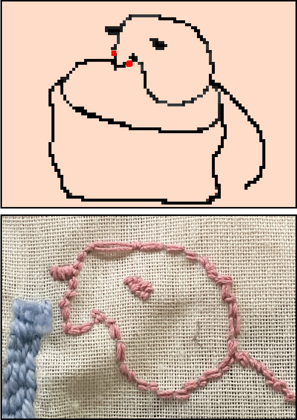 A photo of pixel art mouse and embroid.