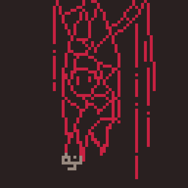 Pixel art of a small creature living inside a spider web.