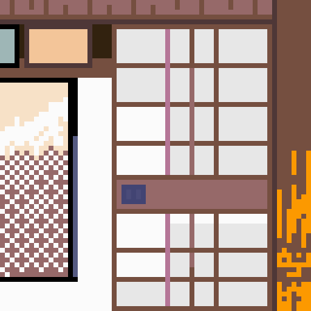 Pixel art of the interior of a 100-year-old Japanese house, showing shoji screens and sliding doors.