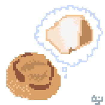 Pixel art of a Japanese manju imagining its filling and what it might look like after being eaten.