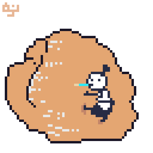 Pixel art of a small person clinging to a cream puff, as if trying to take a bite.